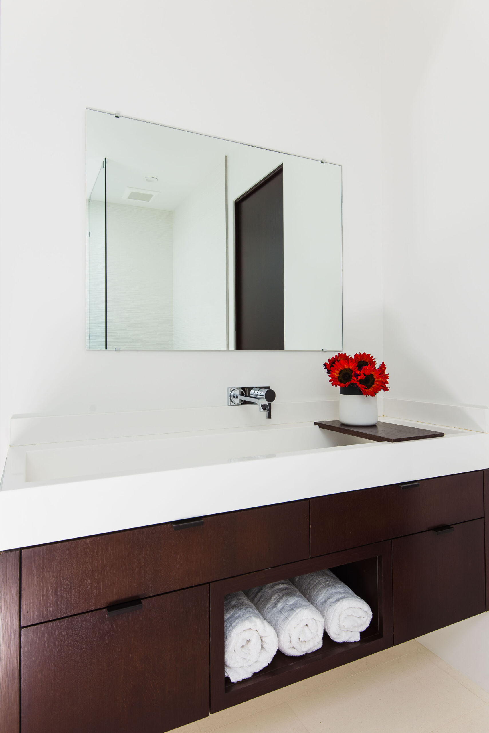 Contemporary Trough Sink Chrome Wood Towel Melissa Morgan Design Scaled