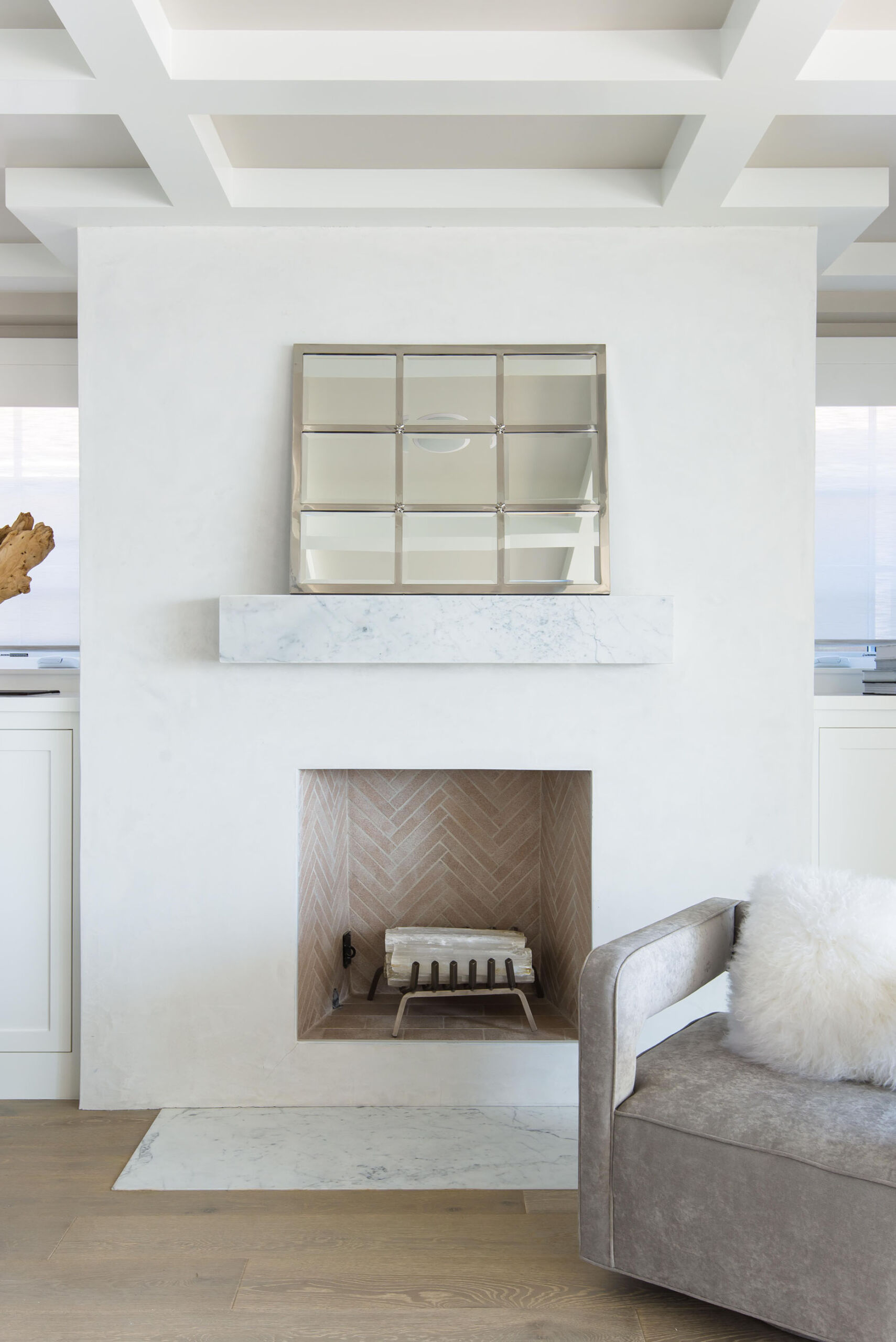 Balboa Coffered Ceiling Herringbone Fireplace Fur Pillow Melissa Morgan Design Scaled