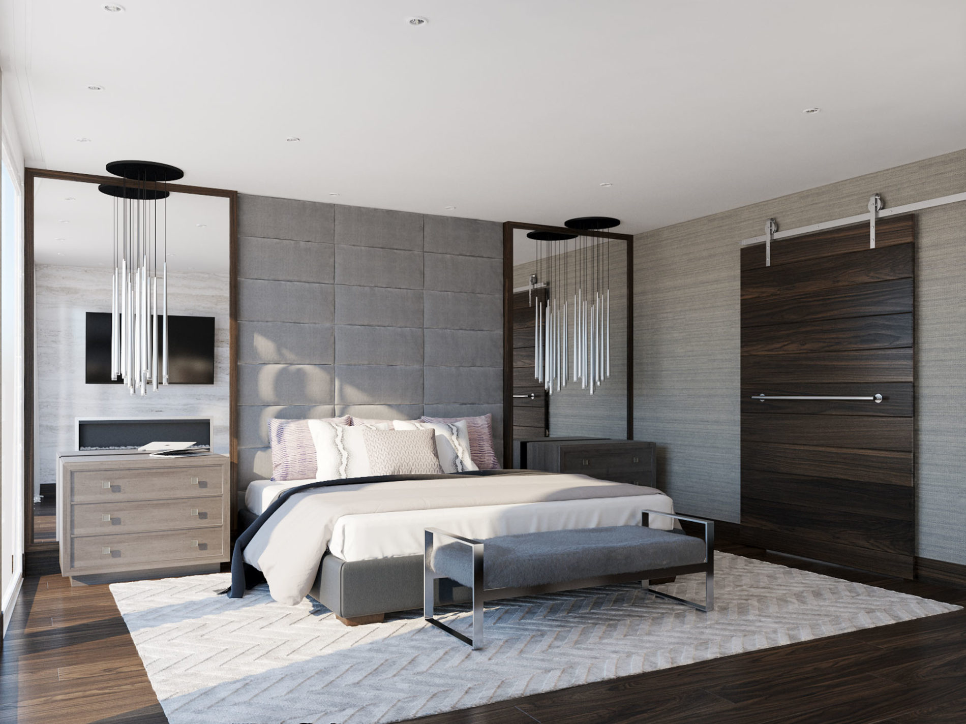 In this bedroom rendering we focused on using warm tones and natural elements to create a relaxed atmosphere. We created a custom floor to ceiling channel headboard as the focal point with built in framed oversized mirrors and ceiling mounted polished chrome pendant lights.  The selections include: Silver travertine slab, Panget white oak flooring, Restoration Hardware pendants and Bernhardt Furniture nightstands.
